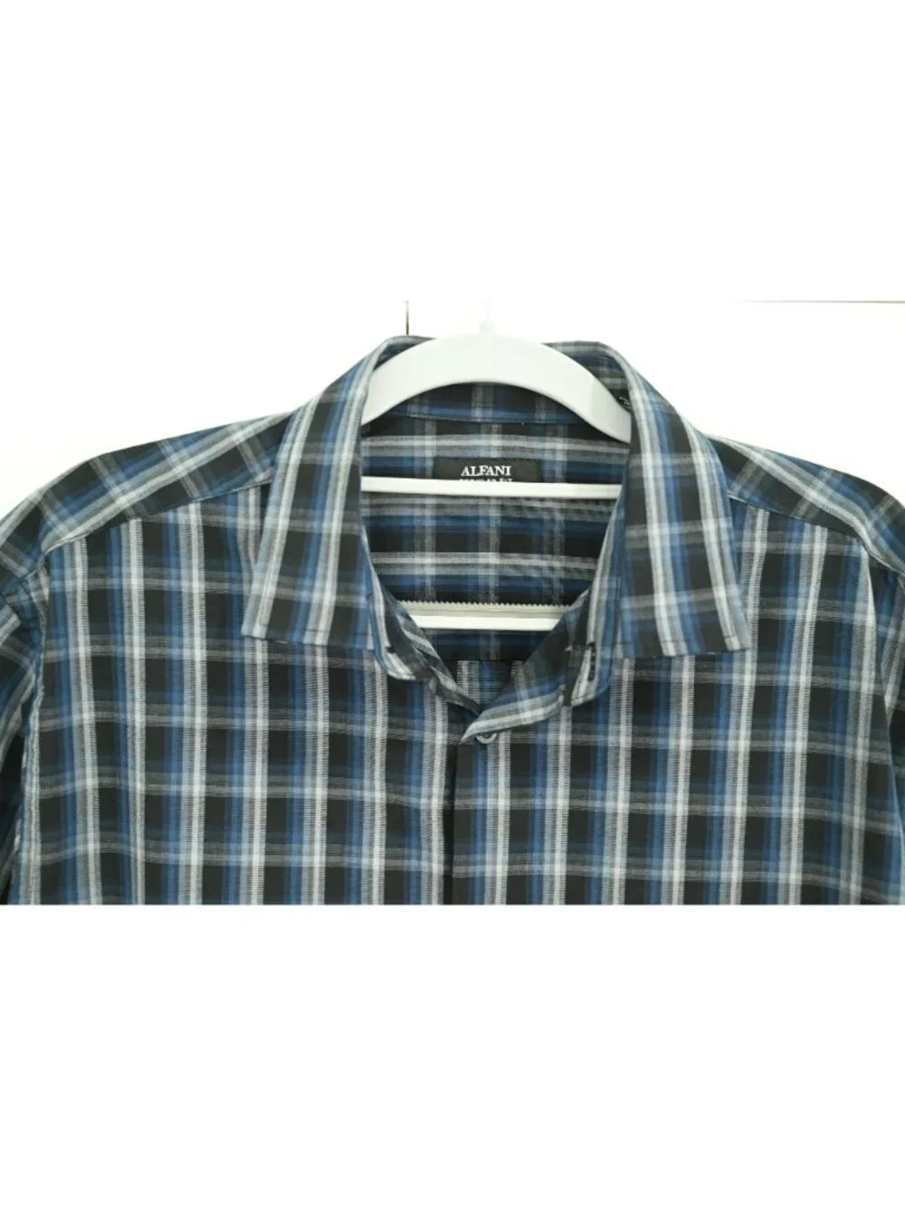Alfani Short Sleeve Regular Fit Plaid Button Up Shirt Blue Black Gray Size M